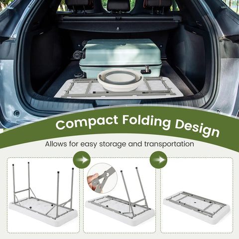 Portable Folding Ice Cooler Table with Drain and Satin Skirt in car trunk, showcasing compact foldability and storage.