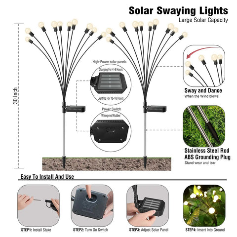 Diagram of Two Pack 10 LED Solar Firefly Garden Lights Outdoor Waterproof Decorative Lamps installation and features.