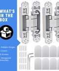 180 Degree Concealed Hidden Door Hinges Heavy Duty Zinc Alloy Invisible Pivot Hardware with screws and tools in box.