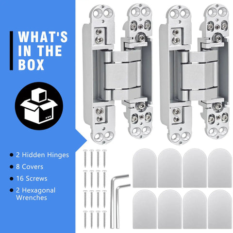 180 Degree Concealed Hidden Door Hinges Heavy Duty Zinc Alloy Invisible Pivot Hardware with screws and tools in box.