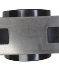 Top view of Moline 2-15/16 in Type-E two-bolt pillow block bearing housing, silver metal with black hubs
