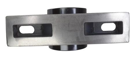 Top view of Moline 2-15/16 in Type-E two-bolt pillow block bearing housing, silver metal with black hubs