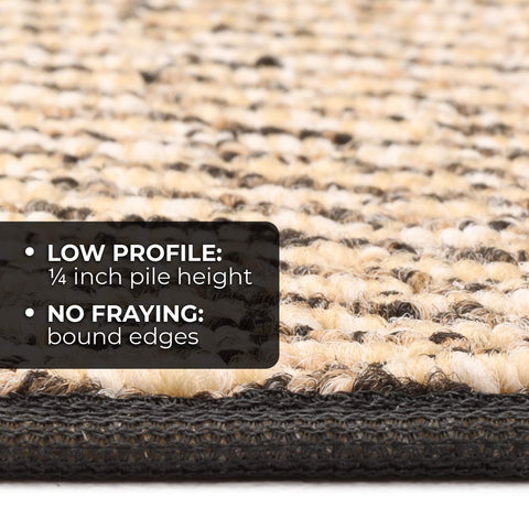 Close-up of skid-resistant carpet stair tread showing 1/4 inch pile and bound edges, part of a Skid-Resistant Carpet Stair Treads Set Of 15 In Black Ripple 8 By 27 Inches Non-Slip Rubber Backing Easy Install For Stairs Safe For Family And Pets Durable Non-Slip Stair Covers With Strong Grip.