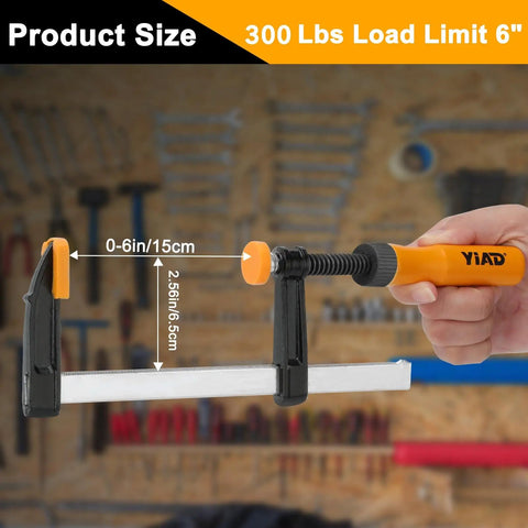 Four 6 Inch F Clamp Set For Woodworking, 300 Lbs Clamping Force, Ergonomic Grip