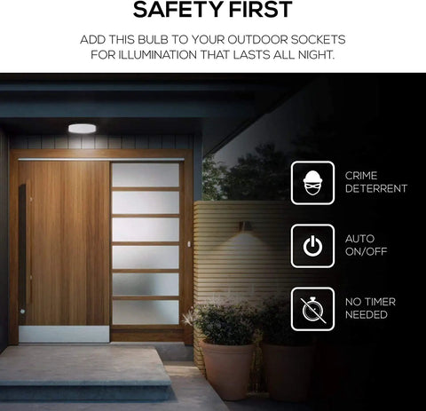 Smart Dusk to Dawn LED A19 Outdoor Bulbs With Auto On Off Sensor by porch, crime deterrent, no timer needed info icons
