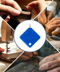 Ultimate 5Pc Blue Universal Square Needle Threader Kit for Sewing Machines and Hand Use, shown with various sewing activities
