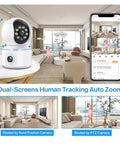 6Mp Dual Lens Wifi Ip Camera With Built In Screen Features Ai Human Detection Smooth Auto Tracking And Flat Out Reliable Ptz Pan Tilt Zoom Tech, showing tracker and footage on phone.