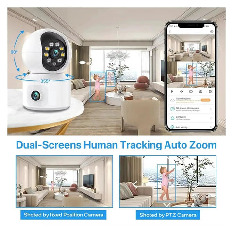 6Mp Dual Lens Wifi Ip Camera With Built In Screen Features Ai Human Detection Smooth Auto Tracking And Flat Out Reliable Ptz Pan Tilt Zoom Tech, showing tracker and footage on phone.