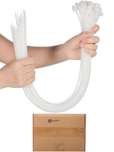 Person holding Heavy Duty 50 Pack 36 Inch Cable Zip Ties Ultra Strong Nylon Wire Ties above packaging box.