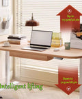 Rock Solid Electric Sit Stand Desk With Memory Height Presets And Cargo Pullout Bin Using Buttery Smooth Lift Motor Plus Leather Guard Edge For Zero Sweat Home Office Setup At 55 Inches Wide with adjustable height from 28.5 to 46.2 inches.