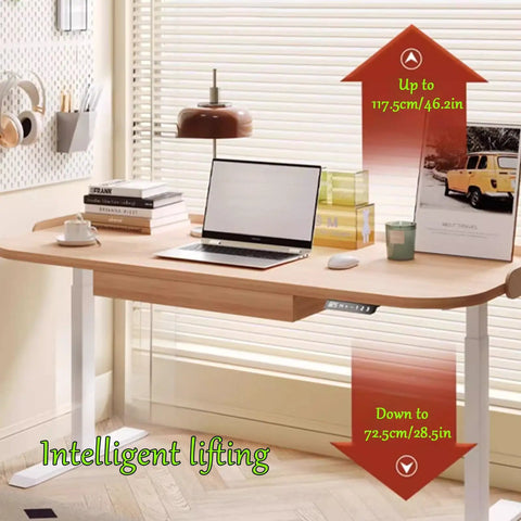 Rock Solid Electric Sit Stand Desk With Memory Height Presets And Cargo Pullout Bin Using Buttery Smooth Lift Motor Plus Leather Guard Edge For Zero Sweat Home Office Setup At 55 Inches Wide with adjustable height from 28.5 to 46.2 inches.