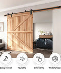 12 Ft Single Track Bypass Sliding Barn Door Hardware Kit Featuring Heavy Duty Black Powder Coated Aluminum Track with Barn Door in Room