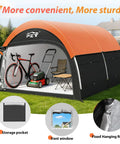 Upgraded Heavy Duty Bike Tent With Rain Cover Outdoor Storage Shed That Fits 8 To 10 Bikes Or 5 To 7 Electric Bikes Waterproof 210D Oxford Fabric Weatherproof Bike Shelter For Motorcycles Lawn Tools And Garden Gear showing interior space with bike and lawn mower.