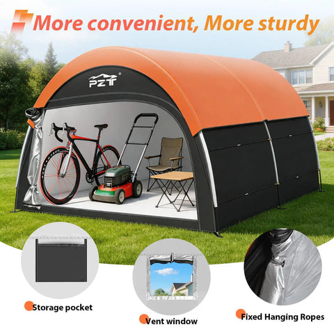 Upgraded Heavy Duty Bike Tent With Rain Cover Outdoor Storage Shed That Fits 8 To 10 Bikes Or 5 To 7 Electric Bikes Waterproof 210D Oxford Fabric Weatherproof Bike Shelter For Motorcycles Lawn Tools And Garden Gear showing interior space with bike and lawn mower.