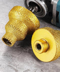 Close-up of gold M10 diamond core stepped pagoda drill bit with hex adapter for metal countersinking