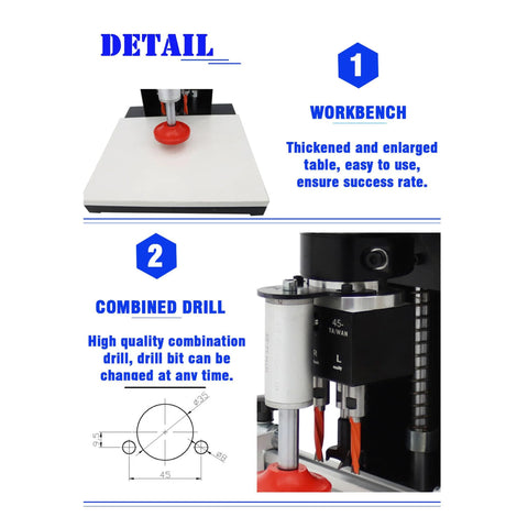 Yokoma 110V hinge drilling machine; white workbench with red suction pad and black combined drill unit, two-piece set
