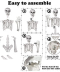 Assembly guide showing Totally Realistic Halloween Posable Skeleton With Movable Joints Life Size 165 Cm Tall Durable Plastic Bones.