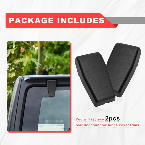 2 Piece Black Rear Window Hinge Trim Cover for Jeep Wrangler JK Liftgate Glass Hinge Replacement Left and Right Fits 2007 2008 2009 2010 2011 2012 2013 2014 2015 2016 2017 2018 shown off the vehicle and installed