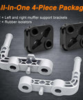 Upgrade Your Ride With This Durable Reinforced Rear Exhaust Muffler Hanger Support Bracket Kit For Ram 1500 Including 3.0L And 5.7L Models Featuring Heavy Duty Steel Build Plus Rubber Isolators To Cut Vibration For Peak Performance. 4-piece kit with black and silver muffler brackets and rubber isolators