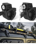 Universal Quick Release Shovel Holder Mount with lock and keys on SUV roof rack, fits 0.79 to 1.97 inch tool handles.