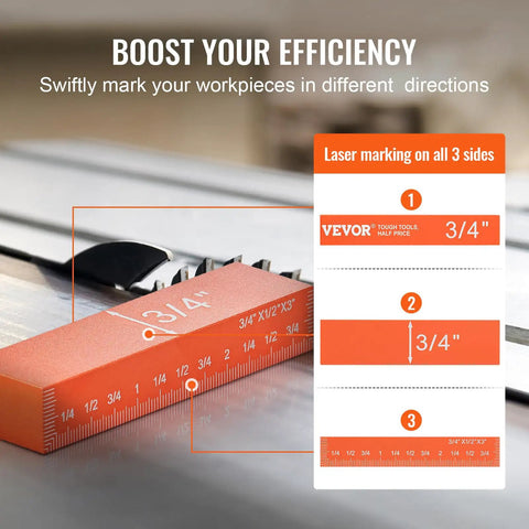 Close-up of Pro Grade Router Table Setup Bars Kit block, 3/4" size, orange aluminum with laser engraved markings, enhancing precision