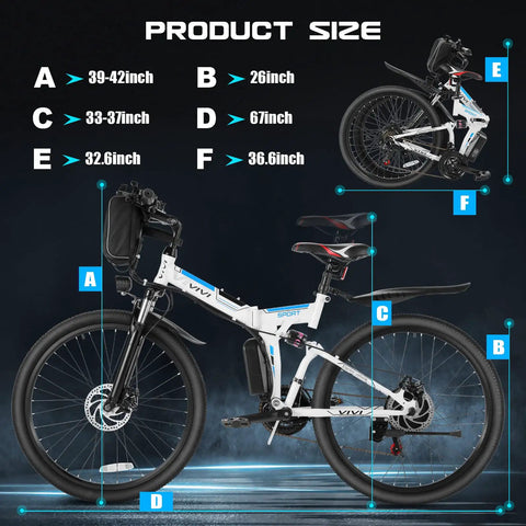Foldable 750W Peak Electric Mountain Bike For Adults, product size dimensions illustration with 26 inch wheels.