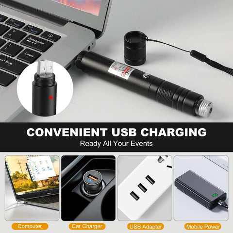 High Power Green Laser Pointer With Removable Star Cap Single Pinpoint Mode And Flood Beam USB Rechargeable Lazer beside laptop