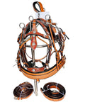 Premium Leather Driving Harness Set for Single Horse Cart with fully padded saddle, brown leather, detailed metal accents, and straps.