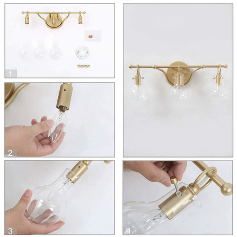 Brushed Gold Vanity Light Fixture With Three Clear Glass Globes Over Mirror, Damp Rated Bathroom Bar Light, 20 Inch Long Three Light Vanity Lighting For Bathrooms, Modern Glam Vibe shown in assembly and installation steps.
