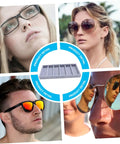 Smooth Six Grid Eyewear Display Holder And Jewelry Storage Plate Featuring A Zero Hassle Clear Cover Soft Lined Tray for sunglasses and glasses, grey fabric.