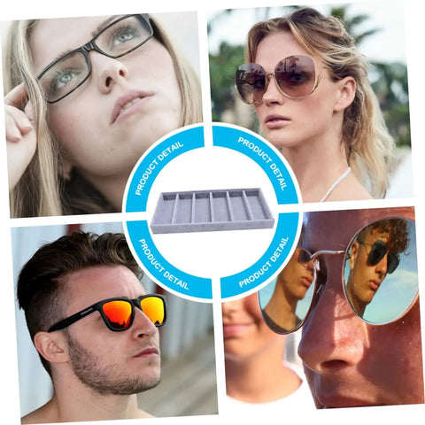 Smooth Six Grid Eyewear Display Holder And Jewelry Storage Plate Featuring A Zero Hassle Clear Cover Soft Lined Tray for sunglasses and glasses, grey fabric.