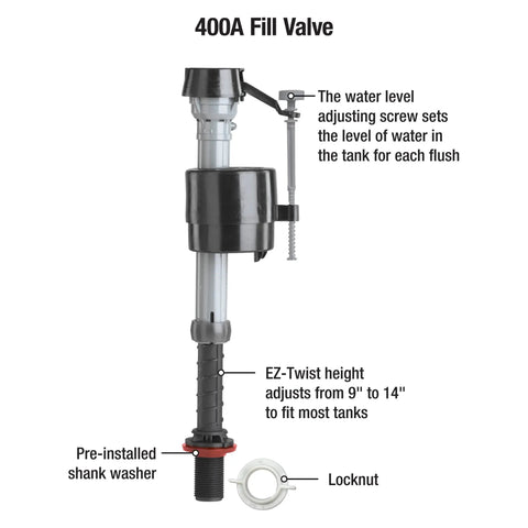 400A fill valve from Mansfield Toilet Fill Valve And Flush Valve Seal Repair Kit For Quick Leak Fix On Mansfield 210 And 211 Toilets No Fuss Install With Adjustable Water Level Dial And 400A Universal Valve Included.
