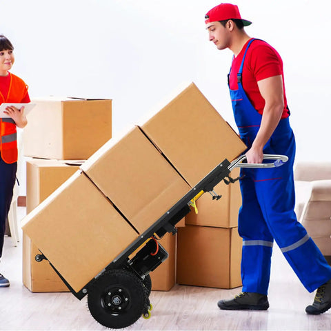 Sturdy Electric Stair Climbing Cart With Heavy Duty Handle For Moving Furniture And Appliances Fast Folding Design Great For Home Or Warehouse Jobs transporting boxes.
