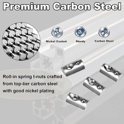 Roll In Spring Loaded T Nuts M3 X 0.5mm 100 Pack Carbon Steel Nickel Plated For 20x20 Aluminum Extrusions And 20 Series