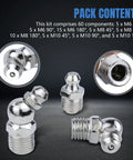 60 Piece Metric Grease Fittings Kit With M6 M8 M10 And Quarter Inch And Eighth Inch Zerk Fittings Angled And Straight 45 Degree 90 Degree 180 Degree Hydraulic Grease Gun Fittings For Automotive And Machinery Lubrication Nickel Plated Carbon Steel displayed on a dark background.