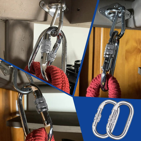 Ultra Strong Carabiner Clips O Shaped Screwgate 25kN 5600Lbs 2 Pack Heavy Duty Locking Carabiners securing red rope