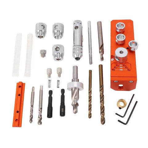 Heavy Duty Aluminum Profile Drill Guide and Tap Jig for 20 30 40 Series Extrusions precision tool parts laid out on a workbench.