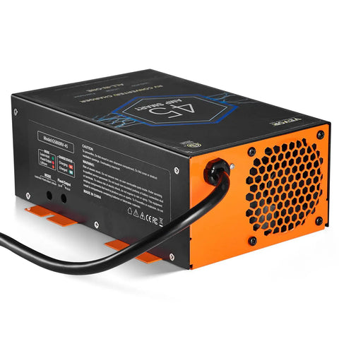 Close-up of Straight Up Solid 45 Amp RV Converter 120V AC To 12V DC Smart Battery Charger rear, showing ports and cooling vents.