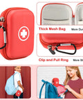 Auvi Q Carrying Case For Two Auto Injectors Emergency Bag with Carabiner and Lanyard, red hard travel case shown attached to backpacks