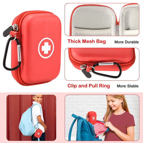 Auvi Q Carrying Case For Two Auto Injectors Emergency Bag with Carabiner and Lanyard, red hard travel case shown attached to backpacks