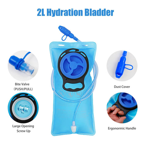 Ultra Lightweight Hydration Backpack With 2L Water Bladder for cycling, with blue bite valve and ergonomic handle