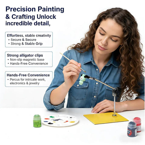 Woman using Must-Have Helping Hands Soldering Tool With Steel Base And Adjustable Joint Clamp for painting, with supplies on table.
