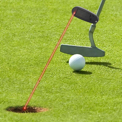 Premium Golf Putter Laser Pointer Putting Trainer aiming at hole with red beam and golf ball on green grass.