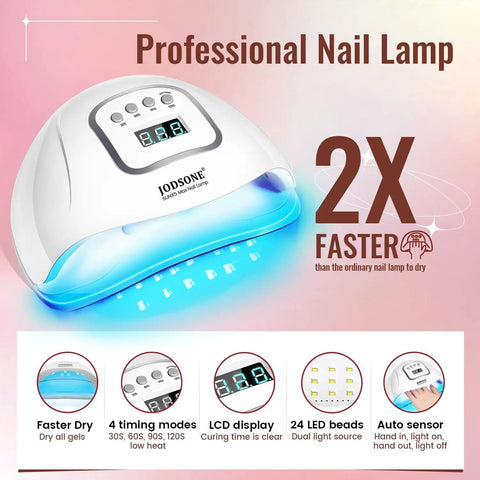 Dope Gel Nail Polish Kit With UV Light showing professional nail lamp with LCD display and faster drying feature.