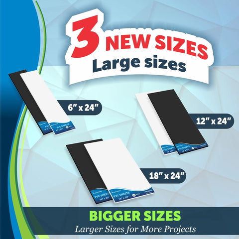Image showing 6x24, 12x24, and 18x24 inch Expanded PVC Plastic Sheets in black and white with labels indicating new sizes.