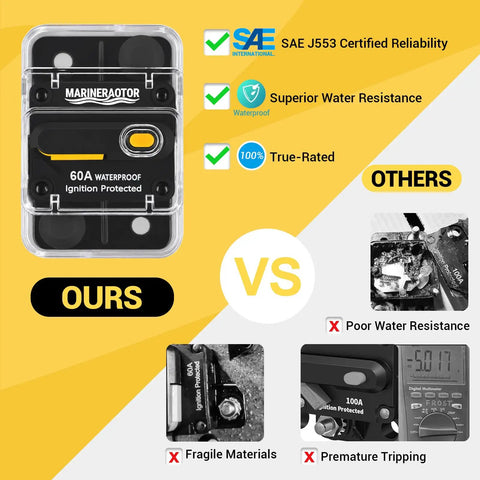 Hella Heavy Duty Built Rugged 60Amp Marine Circuit Breaker With Waterproof Sealed Cover battery disconnect switch features and certifications.