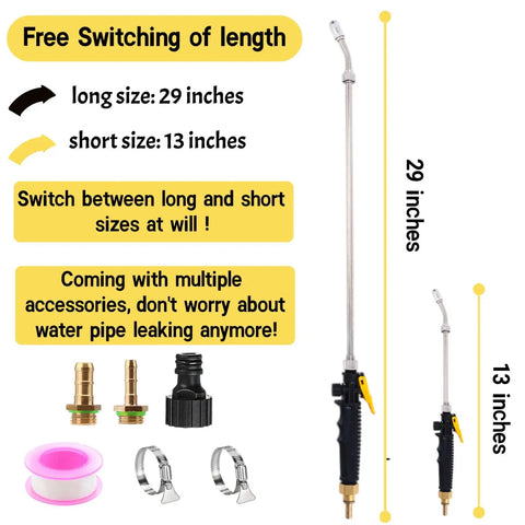 29 Inch Sprayer Wand Replacement With Universal Stainless Tube Brass Barb Fits One Quarter Inch And Three Eighths Inch Hoses Adjustable Watering Wand With Shut Off Valve Includes 2 Hose Clamps And 1 Tape For Grab And Go Setup shown with accessories and length options.
