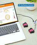 Heavy Duty Serial Bus Servo With Mounting Bracket And Plug And Play Setup showing PC software control for robotics.
