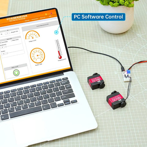 Heavy Duty Serial Bus Servo With Mounting Bracket And Plug And Play Setup showing PC software control for robotics.