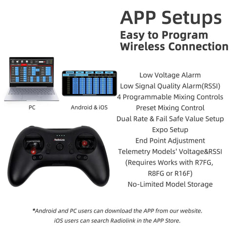 T8S 8 Channel 2.4G RC Pocket Transmitter With R8XM Receiver shown with app setup on PC and mobile for easy wireless connection